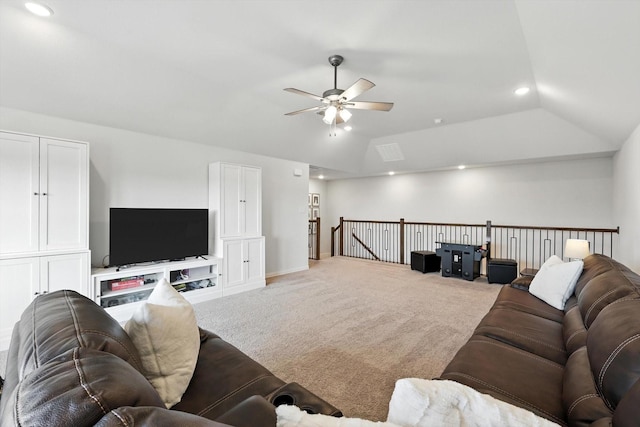 11720 Bull Creek Dr, Northlake, TX 76226 - living area with light carpet, ceiling fan, recessed lighting, and vaulted ceiling