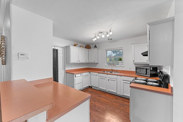3227 Baskin Dr, Lancaster, TX 75134 - kitchen featuring stainless steel microwave, dark wood-style flooring, white cabinetry, and fridge