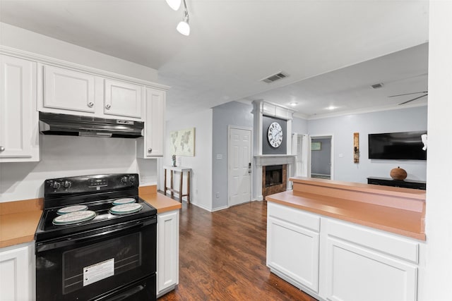 3227 Baskin Dr, Lancaster, TX 75134 - kitchen with black electric range, under cabinet range hood, light countertops, white cabinetry, and crown molding