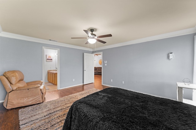 3227 Baskin Dr, Lancaster, TX 75134 - bedroom with ornamental molding, wood finished floors, ceiling fan, and ensuite bath