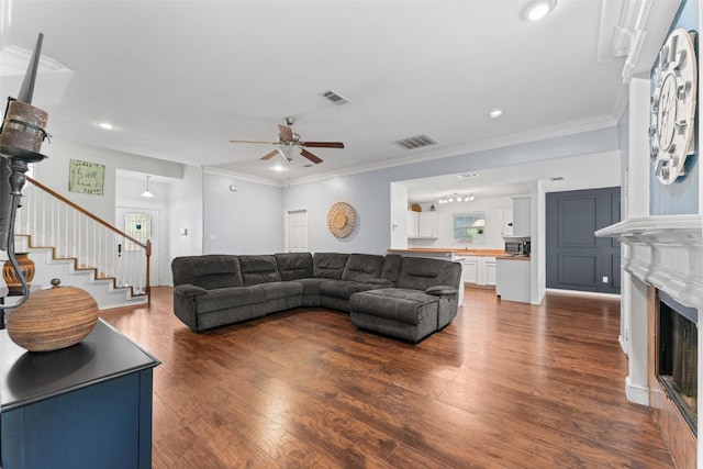 3227 Baskin Dr, Lancaster, TX 75134 - living area featuring stairs, a fireplace, dark wood-type flooring, a ceiling fan, and recessed lighting