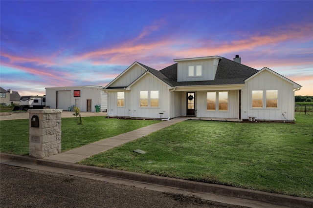 177 Mel Dr, Woodway, TX 76712 - modern farmhouse style home with board and batten siding, a chimney, a yard, roof with shingles, and driveway