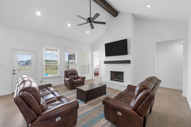 177 Mel Dr, Woodway, TX 76712 - carpeted living area featuring beamed ceiling, high vaulted ceiling, a fireplace, ceiling fan, and recessed lighting