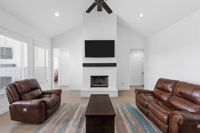 177 Mel Dr, Woodway, TX 76712 - living area featuring high vaulted ceiling, ceiling fan, a fireplace, and recessed lighting