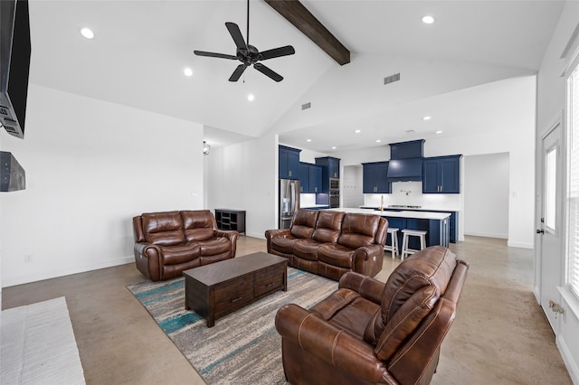 177 Mel Dr, Woodway, TX 76712 - living area with finished concrete flooring, beam ceiling, a ceiling fan, recessed lighting, and high vaulted ceiling