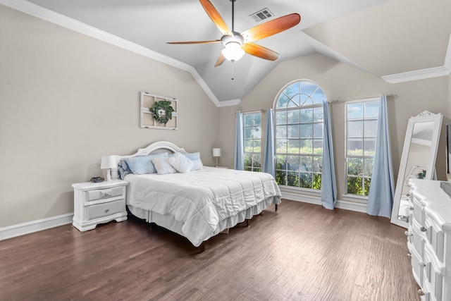 1 Cimarron Ct, Trophy Club, TX 76262 - bedroom featuring dark wood-style floors, lofted ceiling, ornamental molding, and ceiling fan