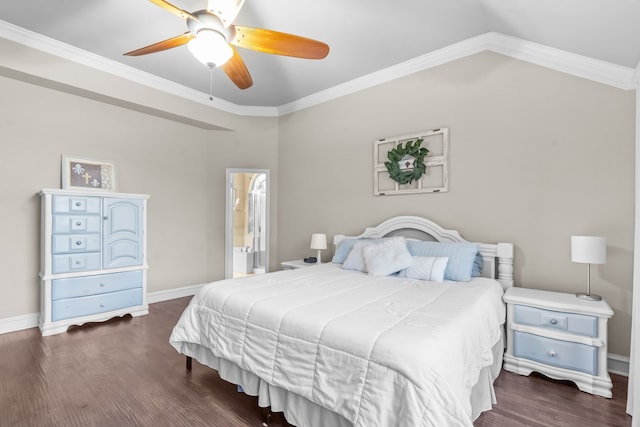 1 Cimarron Ct, Trophy Club, TX 76262 - bedroom with wood finished floors, ornamental molding, a ceiling fan, vaulted ceiling, and connected bathroom