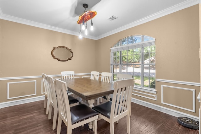 1 Cimarron Ct, Trophy Club, TX 76262 - dining room featuring crown molding, healthy amount of natural light, dark wood-style floors, and a wainscoted wall