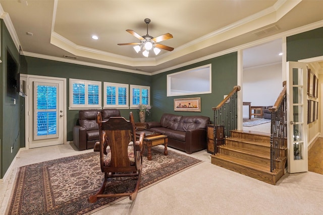 1801 Kinsale Dr, Keller, TX 76262 - carpeted living room featuring ceiling fan, crown molding, and a raised ceiling