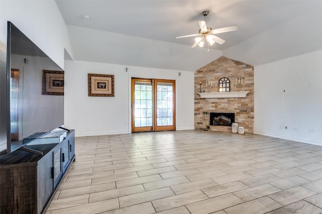 1015 Seider Ln, Grand Prairie, TX 75052 - unfurnished living room featuring lofted ceiling, a ceiling fan, and a large fireplace