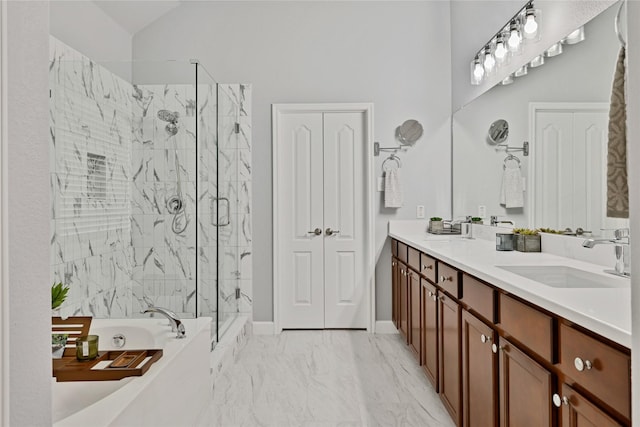 7064 Dreammaker Way, Frisco, TX 75035 - full bath featuring a marble finish shower, double vanity, a garden tub, and marble finish flooring
