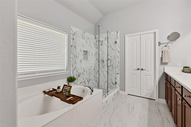 7064 Dreammaker Way, Frisco, TX 75035 - bathroom featuring a marble finish shower, a bath, vanity, and marble finish floors