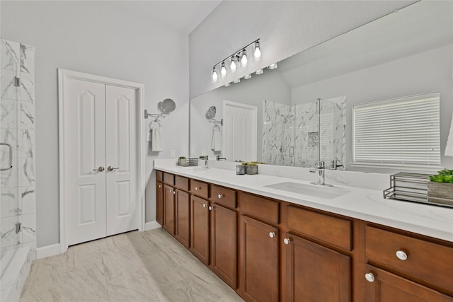 7064 Dreammaker Way, Frisco, TX 75035 - full bath featuring a marble finish shower, marble look tile flooring, and double vanity