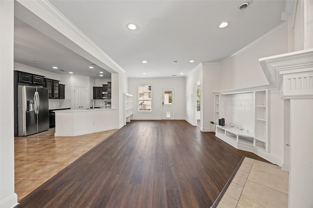 4816 Club View Cir, Mesquite, TX 75150 - unfurnished living room with crown molding, recessed lighting, and light tile patterned floors
