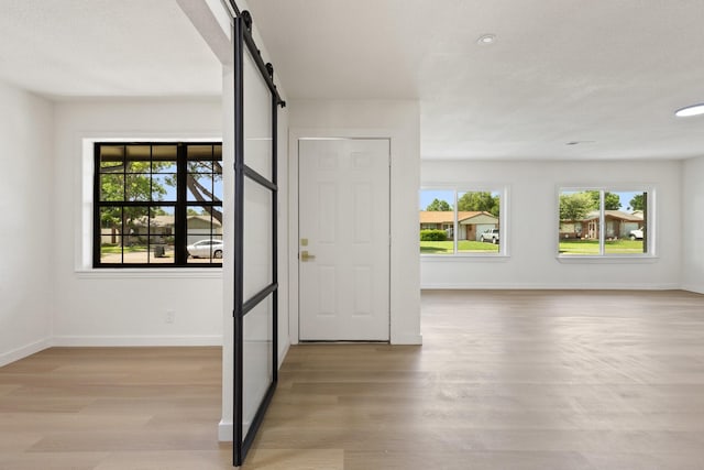 719 Sara Dr, Mesquite, TX 75149 - entryway with a barn door, light wood-type flooring, and plenty of natural light