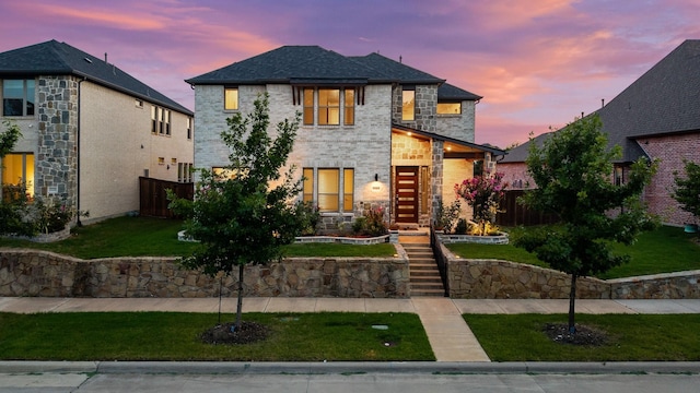13313 Rembrandt Dr, Frisco, TX 75035 - view of front facade featuring stone siding, brick siding, and stairs
