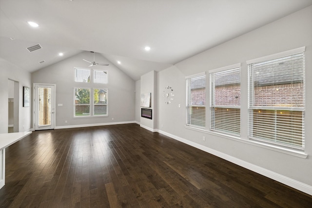 13313 Rembrandt Dr, Frisco, TX 75035 - unfurnished living room with a ceiling fan, lofted ceiling, dark wood finished floors, and recessed lighting