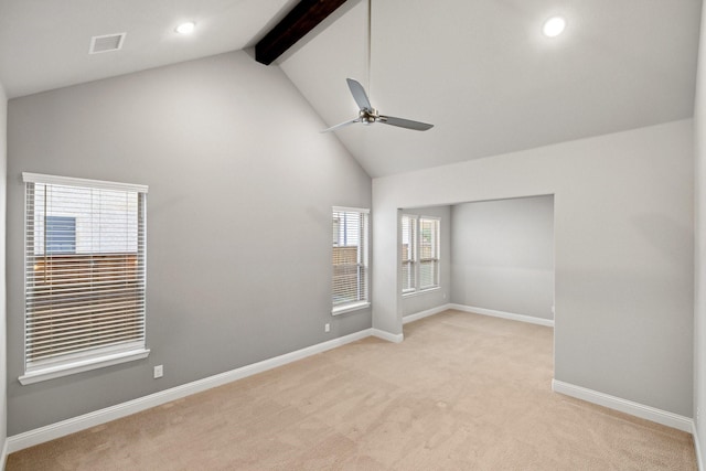 13313 Rembrandt Dr, Frisco, TX 75035 - empty room featuring ceiling fan, beam ceiling, high vaulted ceiling, light carpet, and recessed lighting