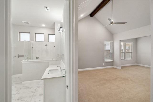 13313 Rembrandt Dr, Frisco, TX 75035 - full bath with vanity, walk in shower, ceiling fan, marble finish flooring, and recessed lighting
