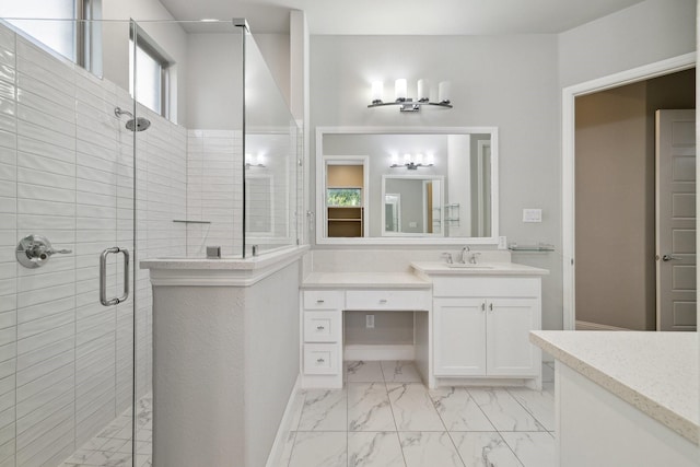 13313 Rembrandt Dr, Frisco, TX 75035 - full bath featuring vanity, marble finish flooring, and a shower stall