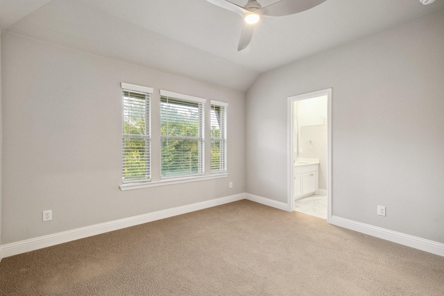13313 Rembrandt Dr, Frisco, TX 75035 - empty room featuring ceiling fan, light colored carpet, and vaulted ceiling