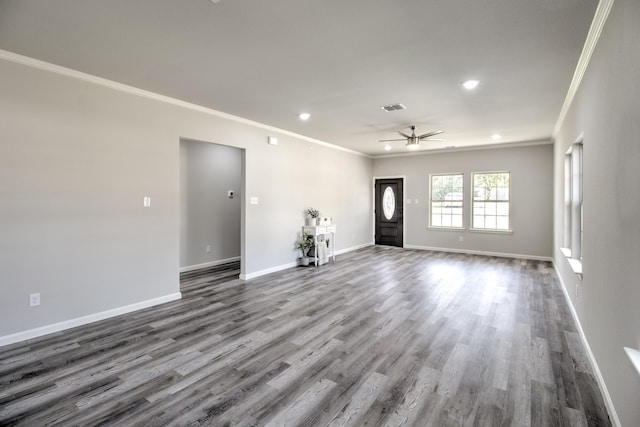 205 John Fielder, Sherman, TX 75092 - unfurnished living room with crown molding, ceiling fan, wood finished floors, and recessed lighting