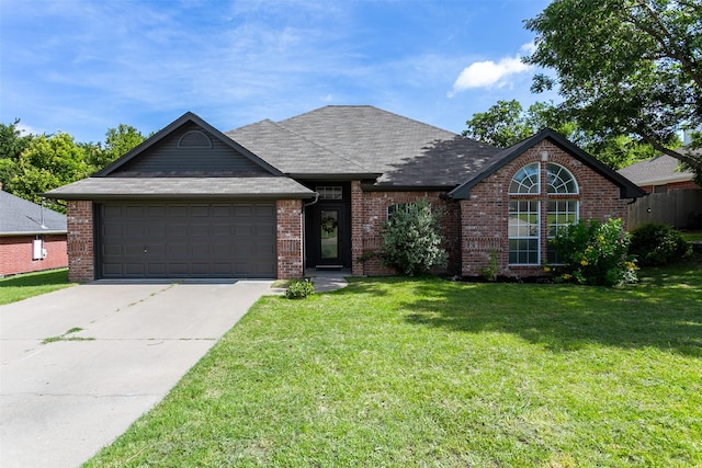 1526 Shadow Run, Weatherford, TX 76086 - single story home with a garage, concrete driveway, a front lawn, and brick siding