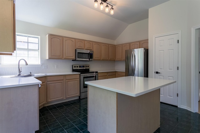 1526 Shadow Run, Weatherford, TX 76086 - kitchen featuring stainless steel appliances, light brown cabinetry, light countertops, a kitchen island, and tasteful backsplash