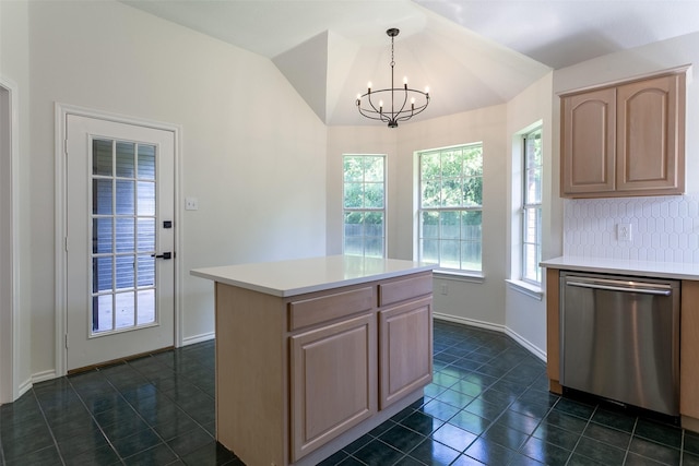 1526 Shadow Run, Weatherford, TX 76086 - kitchen with stainless steel dishwasher, a chandelier, lofted ceiling, light countertops, and dark tile patterned floors