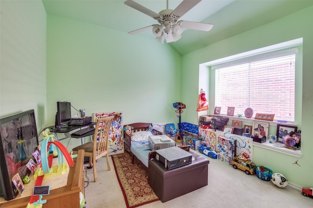 5615 Wellston Dr, Arlington, TX 76018 - carpeted bedroom with lofted ceiling and a ceiling fan