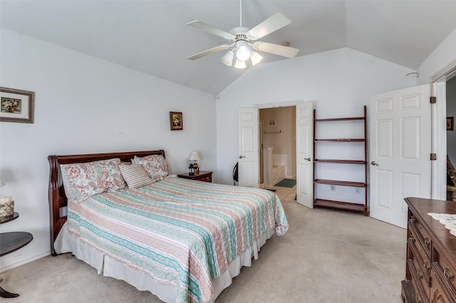 5615 Wellston Dr, Arlington, TX 76018 - bedroom with light colored carpet, lofted ceiling, ceiling fan, and connected bathroom