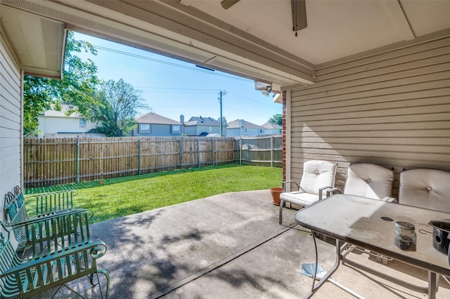 5615 Wellston Dr, Arlington, TX 76018 - fenced backyard featuring a patio, a ceiling fan, and a residential view