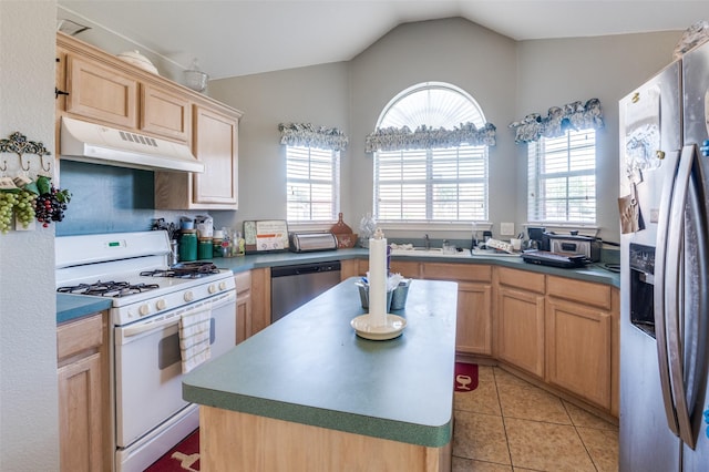 5615 Wellston Dr, Arlington, TX 76018 - kitchen featuring appliances with stainless steel finishes, under cabinet range hood, lofted ceiling, a center island, and light tile patterned floors