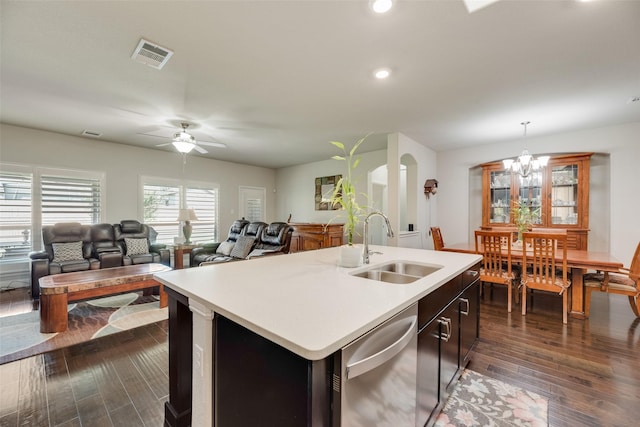 6159 Allatoona Rd, Fort Worth, TX 76179 - kitchen featuring stainless steel dishwasher, light countertops, ceiling fan, dark wood-style floors, and recessed lighting