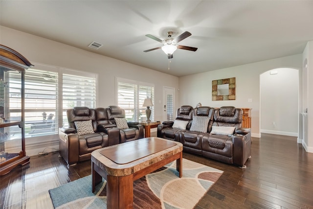 6159 Allatoona Rd, Fort Worth, TX 76179 - living area featuring arched walkways, a ceiling fan, and dark wood-type flooring