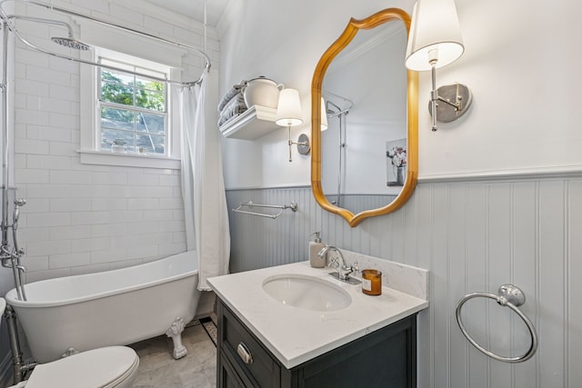 522 S Winnetka Ave, Dallas, TX 75208 - bathroom with wainscoting, vanity, marble finish floors, ornamental molding, and shower / bath combination with curtain
