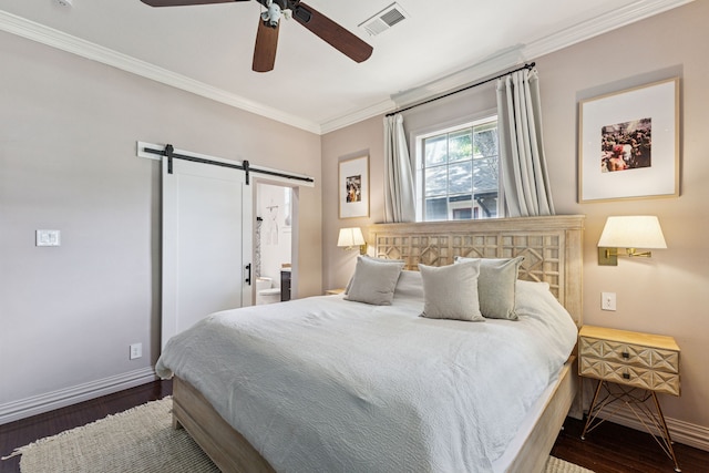522 S Winnetka Ave, Dallas, TX 75208 - bedroom with a barn door, wood finished floors, crown molding, and a ceiling fan
