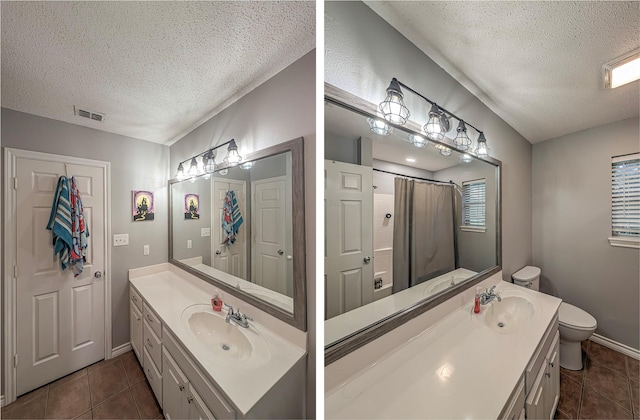 114 Bluebird Ln, Whitehouse, TX 75791 - bathroom featuring a textured ceiling, tile patterned floors, vanity, and a shower with shower curtain