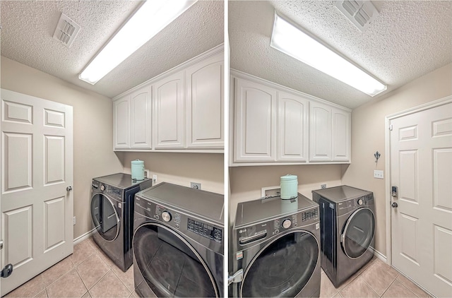 114 Bluebird Ln, Whitehouse, TX 75791 - laundry room featuring cabinet space, washer and dryer, light tile patterned floors, and a textured ceiling