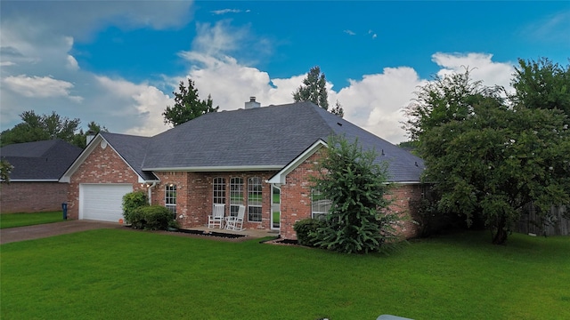 114 Bluebird Ln, Whitehouse, TX 75791 - view of front of home featuring brick siding, a front lawn, a garage, driveway, and a chimney