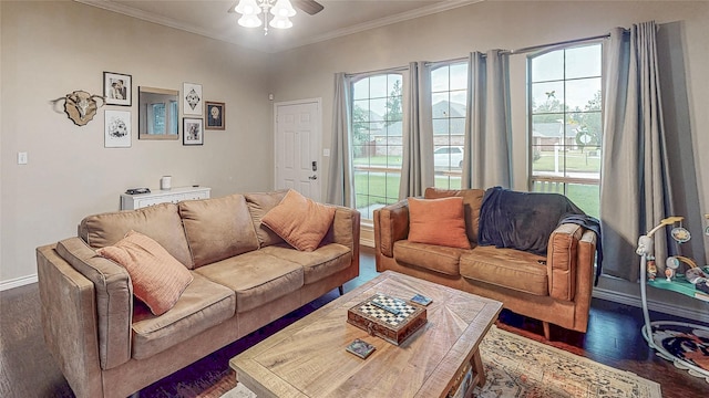 114 Bluebird Ln, Whitehouse, TX 75791 - living area with a ceiling fan, wood finished floors, and ornamental molding