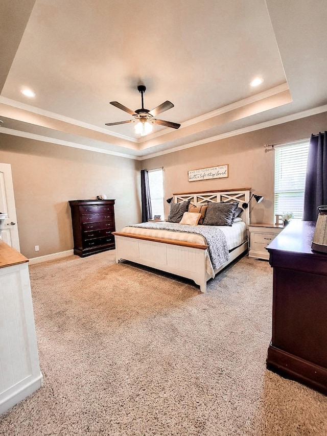 104 St Andrews Ln, Benton, LA 71006 - bedroom with a raised ceiling, ornamental molding, carpet, ceiling fan, and recessed lighting