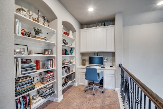 655 Emily Ln, Richardson, TX 75081 - home office with light colored carpet, built in desk, and recessed lighting