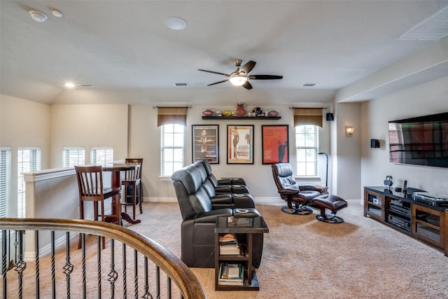 655 Emily Ln, Richardson, TX 75081 - living room featuring a ceiling fan, carpet flooring, and recessed lighting
