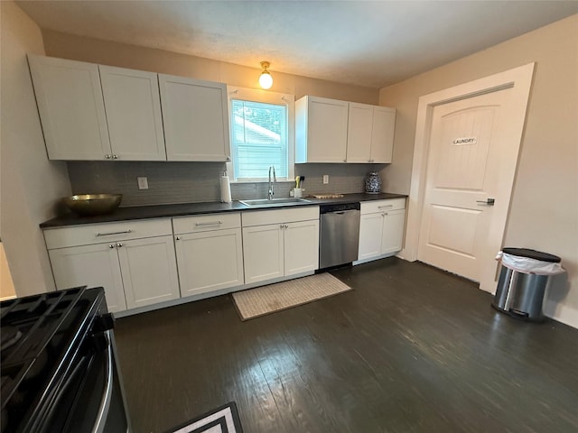 317 W Monterey St, Denison, TX 75020 - kitchen with dishwasher, gas range oven, backsplash, dark countertops, and dark wood-style floors