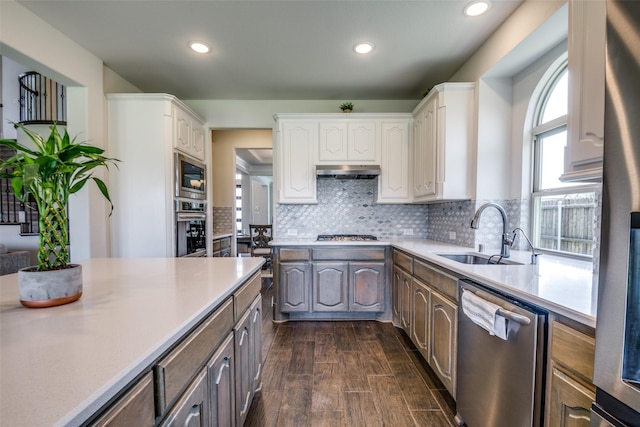539 Curtiss Dr, Fate, TX 75087 - kitchen featuring appliances with stainless steel finishes, light countertops, under cabinet range hood, white cabinetry, and recessed lighting