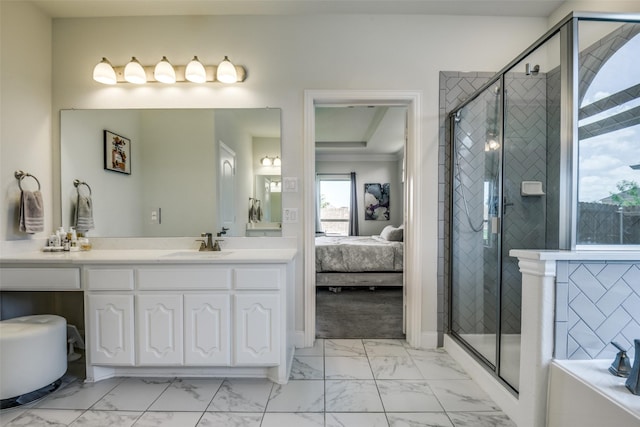 539 Curtiss Dr, Fate, TX 75087 - ensuite bathroom featuring vanity, marble finish flooring, a stall shower, and a bath
