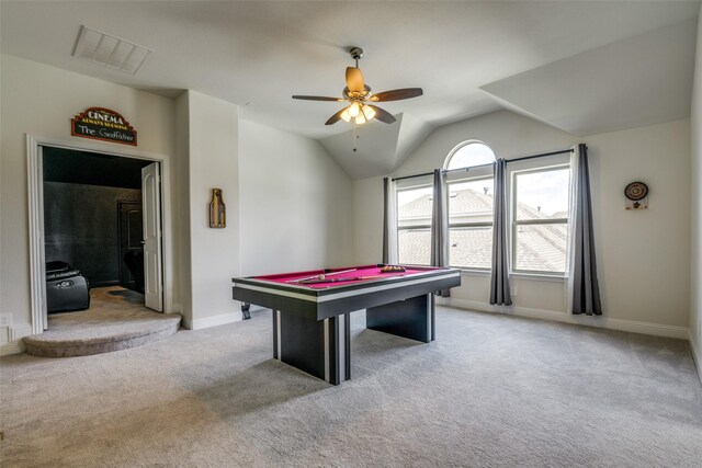 539 Curtiss Dr, Fate, TX 75087 - game room with carpet, pool table, ceiling fan, and lofted ceiling