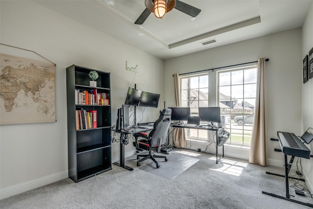 539 Curtiss Dr, Fate, TX 75087 - home office with carpet, ceiling fan, and a raised ceiling