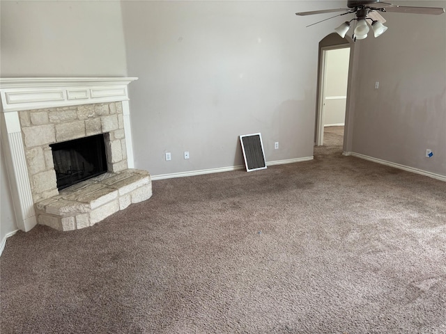 307 Forestridge Dr, Mansfield, TX 76063 - unfurnished living room featuring a ceiling fan, carpet, and a fireplace